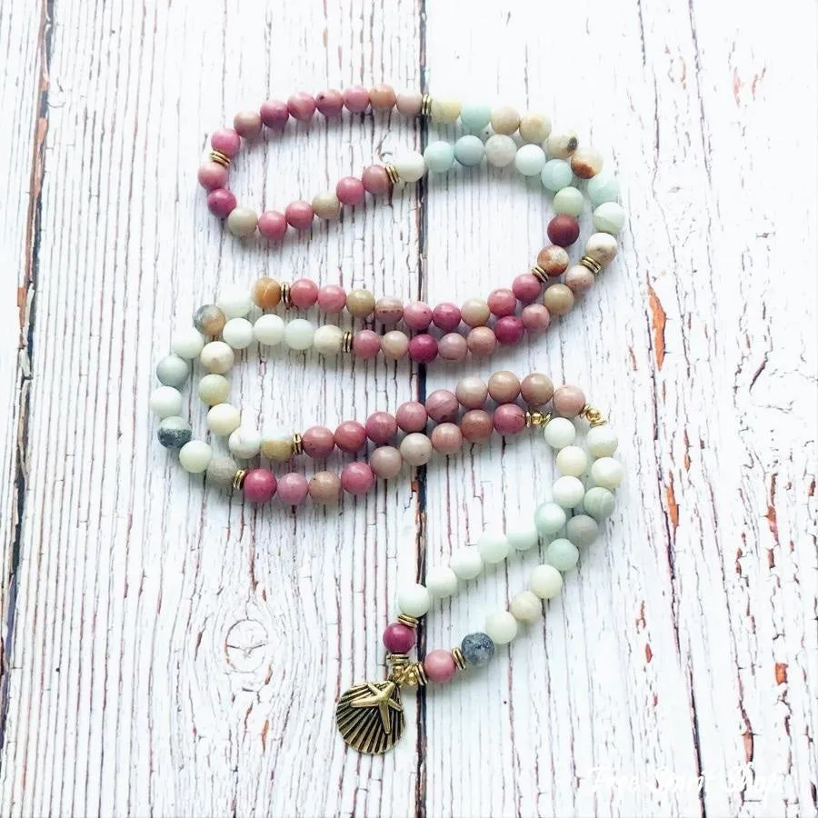 108 Natural Matte Amazonite Stone & Rhodonite Gemstone Mala Prayer Beads