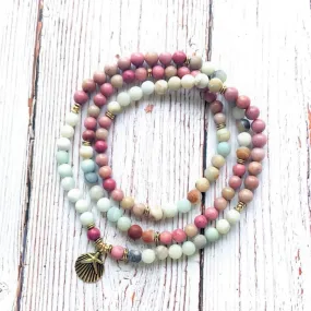 108 Natural Matte Amazonite Stone & Rhodonite Gemstone Mala Prayer Beads