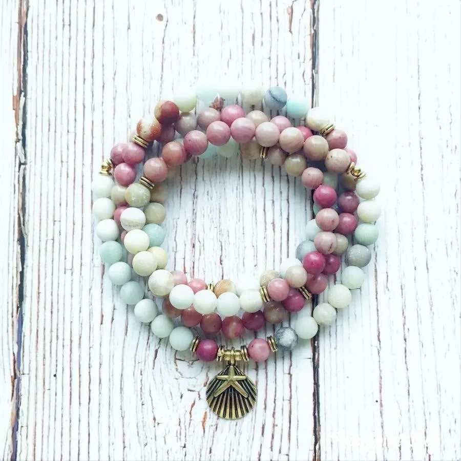 108 Natural Matte Amazonite Stone & Rhodonite Gemstone Mala Prayer Beads