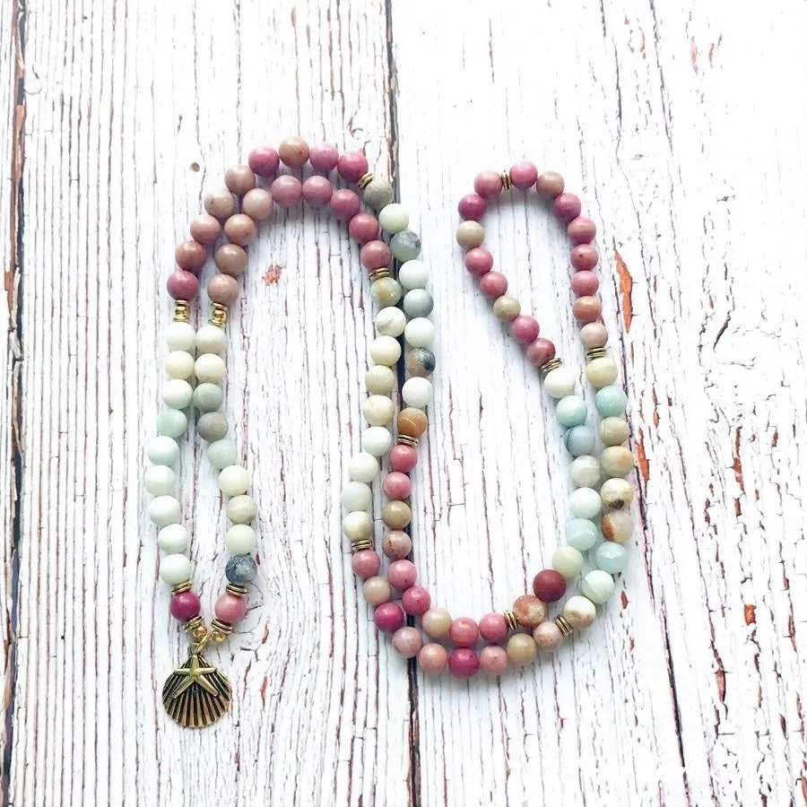 108 Natural Matte Amazonite Stone & Rhodonite Gemstone Mala Prayer Beads