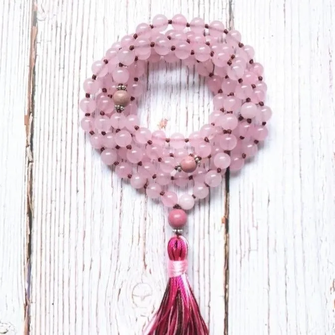 108 Natural Rose Quartz Stone Mala Prayer Beads With Tassel