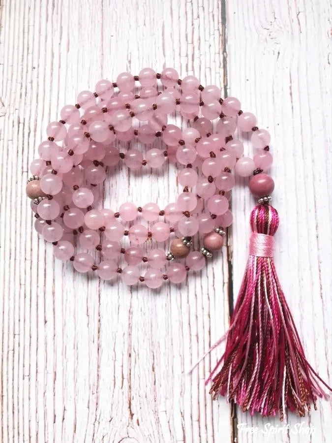 108 Natural Rose Quartz Stone Mala Prayer Beads With Tassel