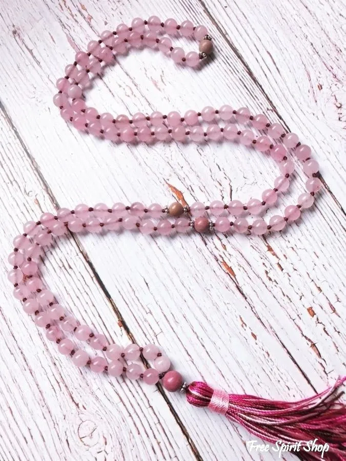 108 Natural Rose Quartz Stone Mala Prayer Beads With Tassel