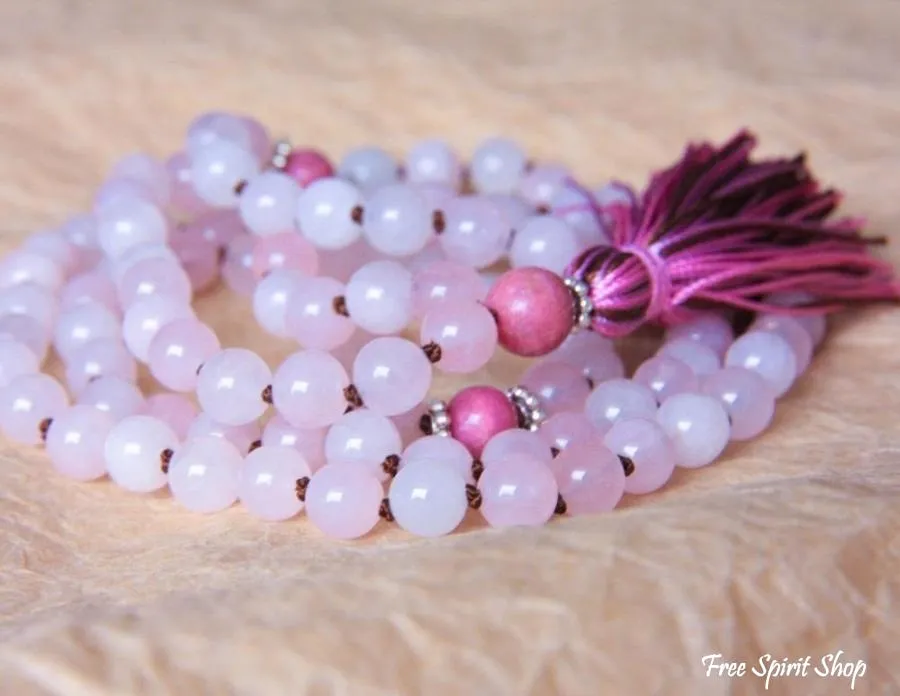 108 Natural Rose Quartz Stone Mala Prayer Beads With Tassel