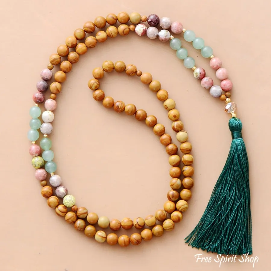 108 Natural Wood Jasper & Pink Jasper Mala Bead Necklace