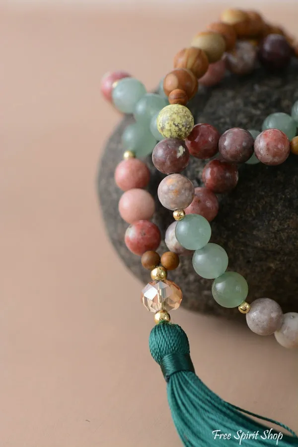 108 Natural Wood Jasper & Pink Jasper Mala Bead Necklace