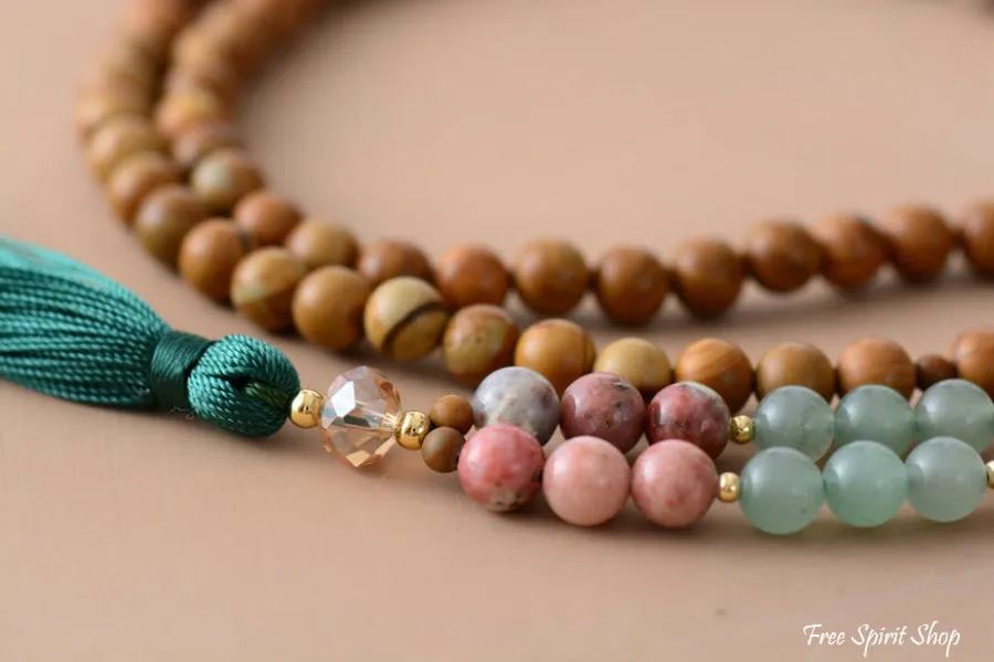 108 Natural Wood Jasper & Pink Jasper Mala Bead Necklace