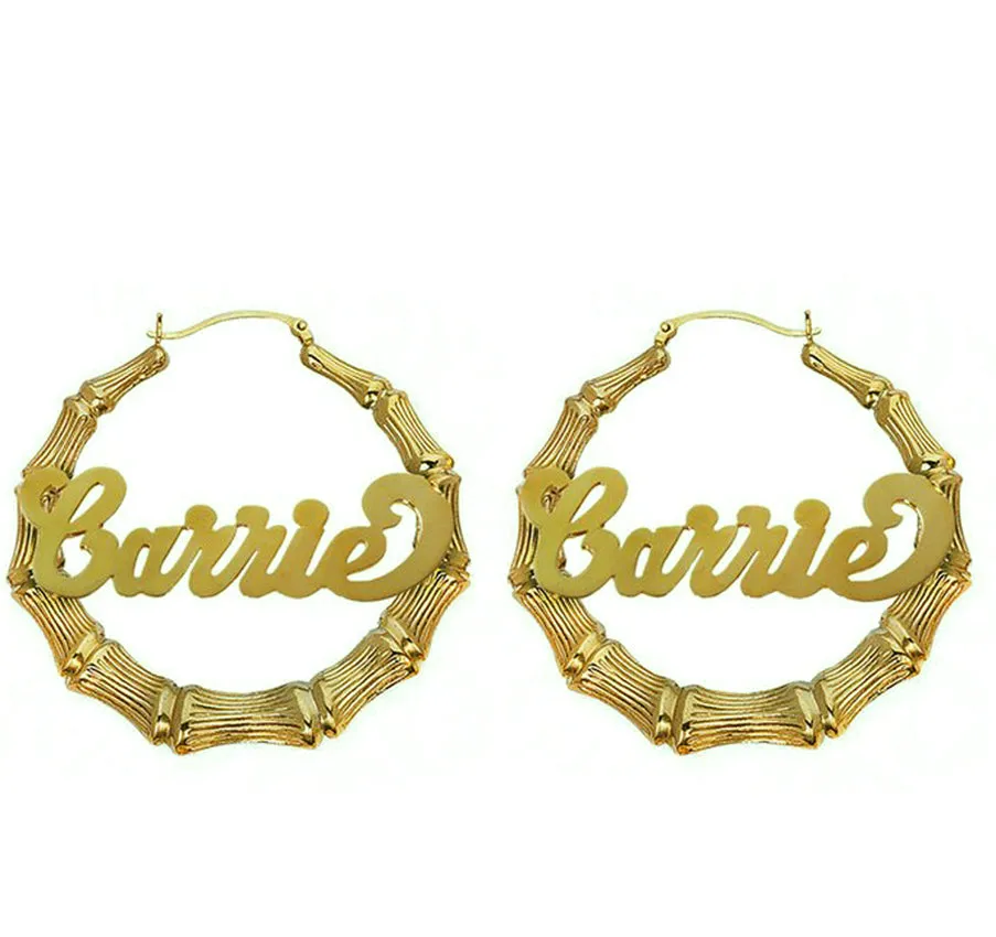 10K Gold Bamboo Name Hoop Earrings