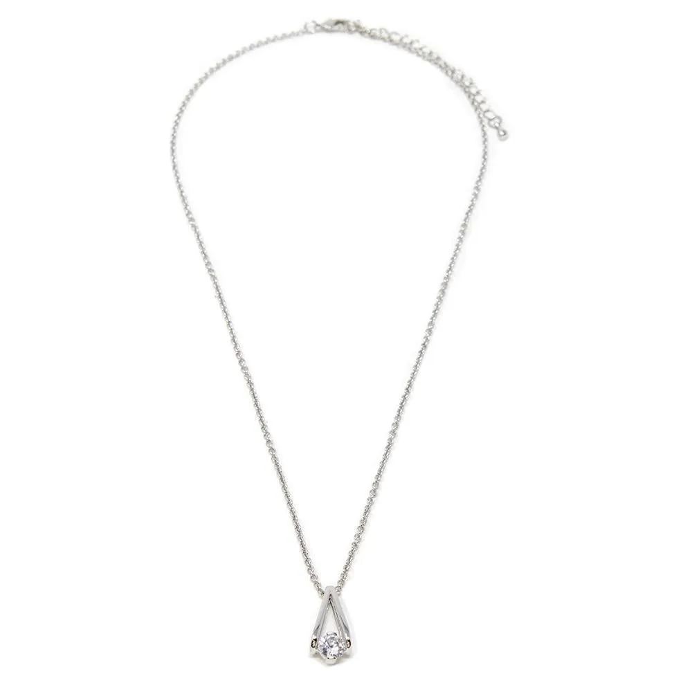 16 Inch Rhodium Plated Necklace with Single CZ Pendant