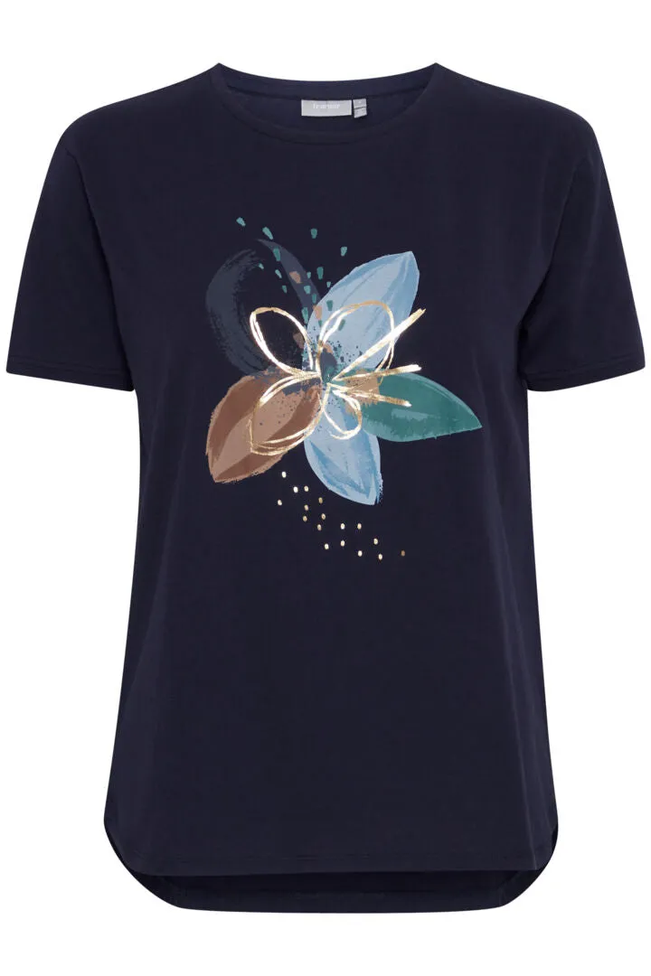 1761- Tee with Flower design- Navy- Fransa