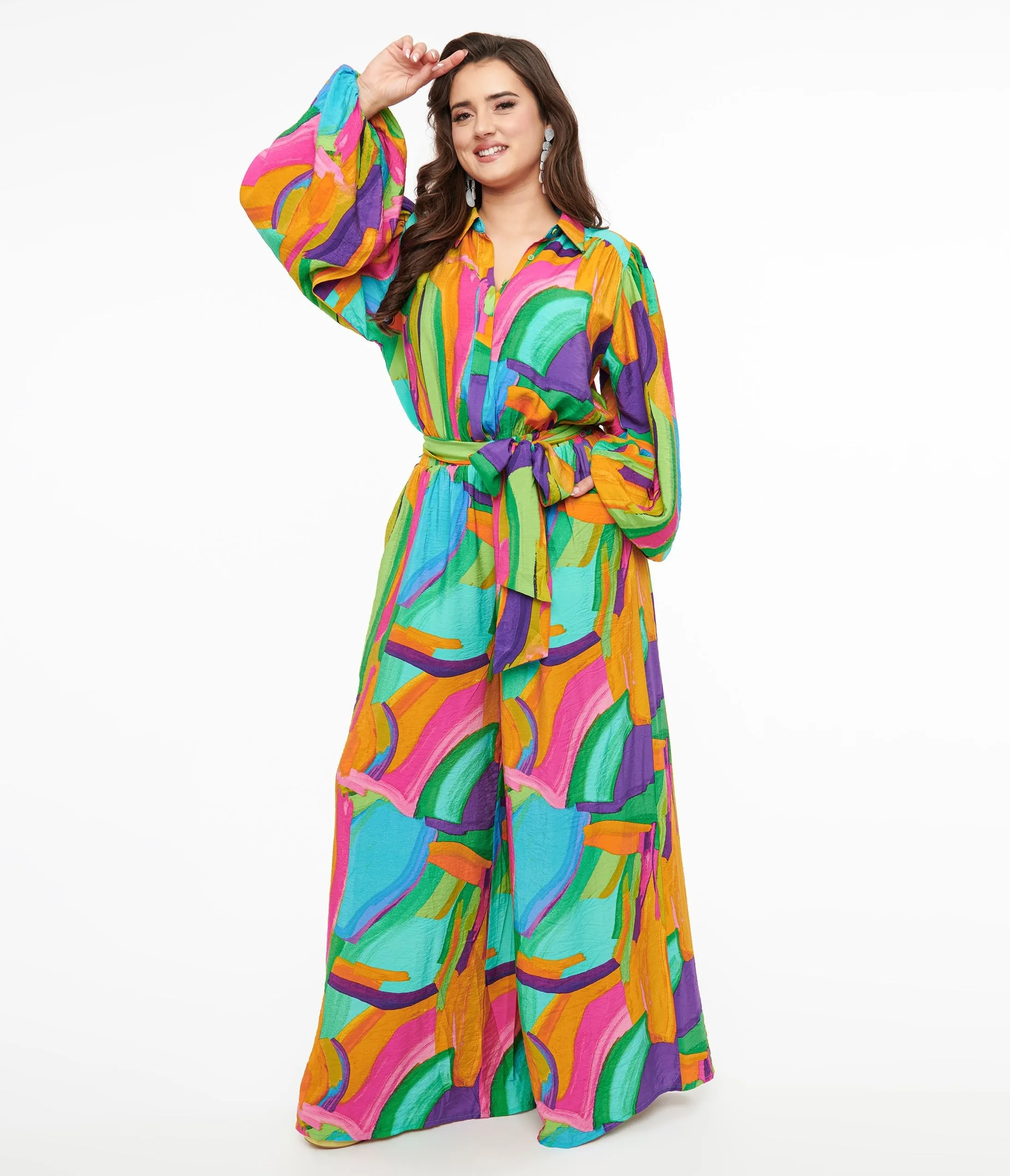 1970s Rainbow Geometric Long Sleeve Jumpsuit