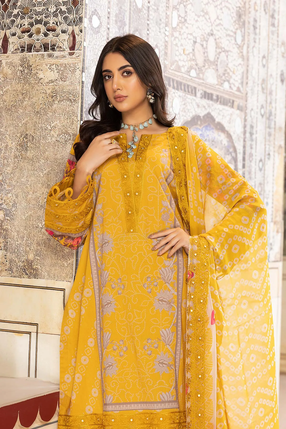 3-Pc Charizma Unstitched Lawn Suit With Embroidered Chiffon Dupatta CC23-16