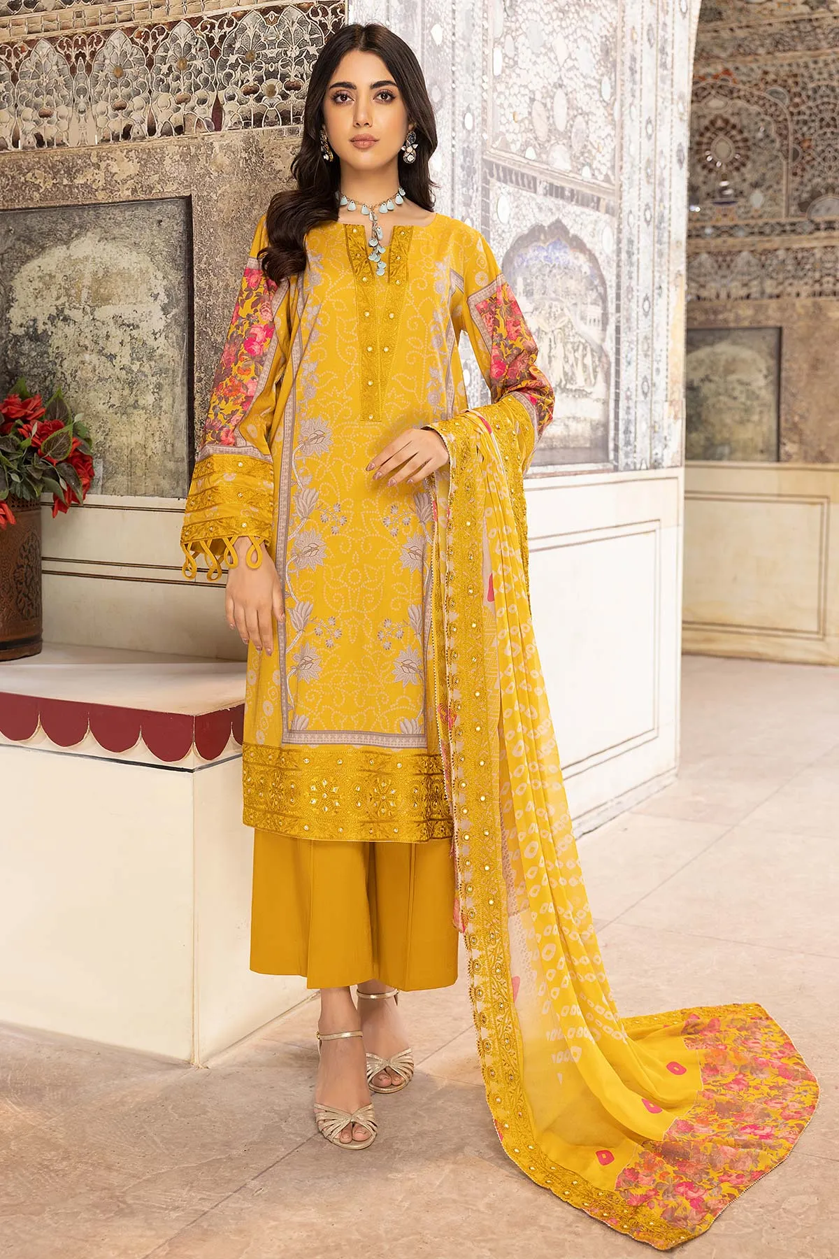 3-Pc Charizma Unstitched Lawn Suit With Embroidered Chiffon Dupatta CC23-16