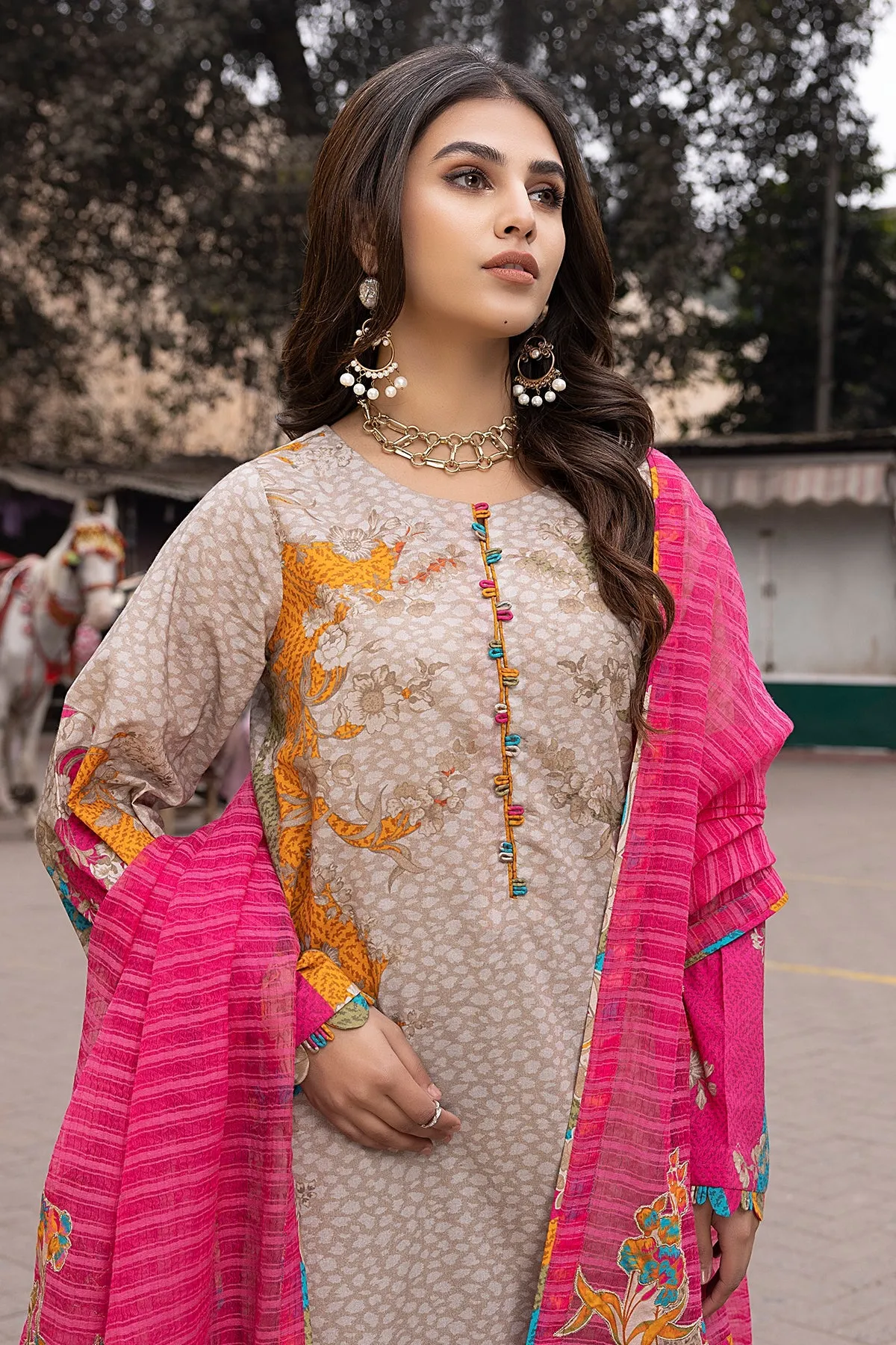 3-Pc Charizma Unstitched Printed Lawn With Embroidered Dupatta CPE23-02