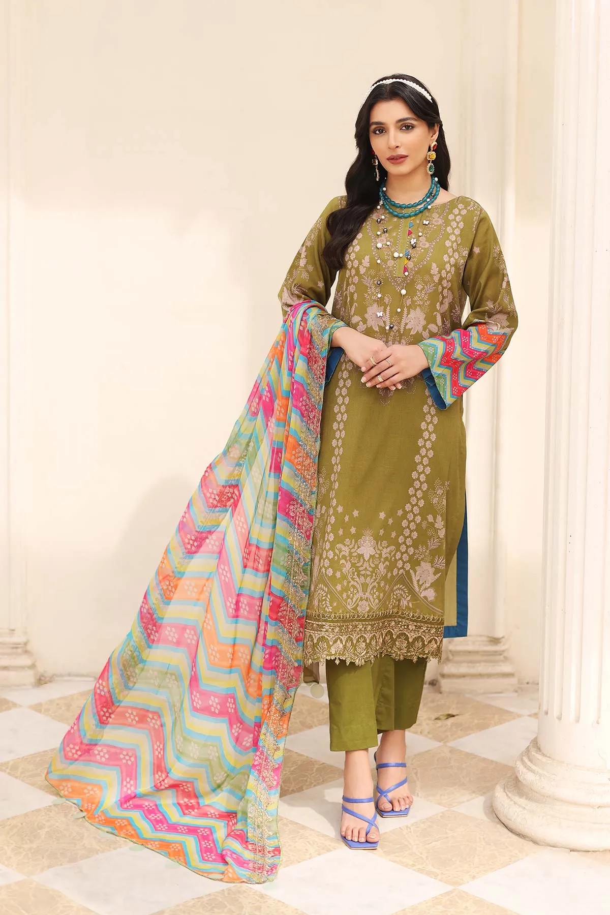 3 Pc Unstitched Embroidered Lawn With Chiffon Dupatta CEL23-14