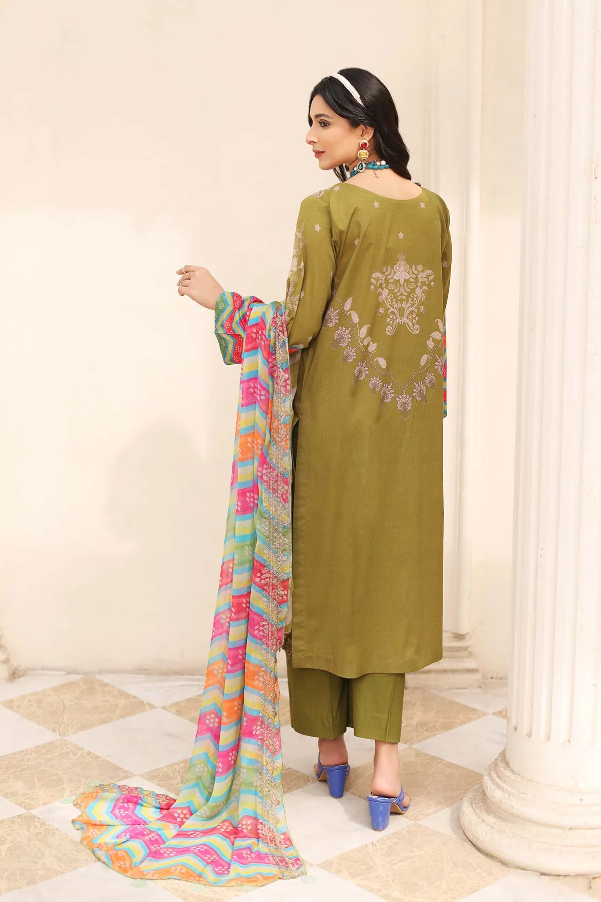 3 Pc Unstitched Embroidered Lawn With Chiffon Dupatta CEL23-14