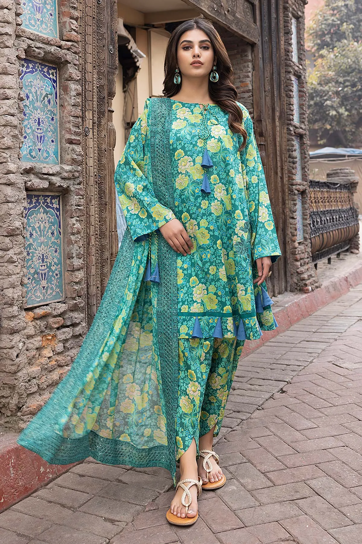 3-Pc Unstitched Printed Embroidered Lawn Suit With Embroidered Chiffon Dupatta CRB23-08