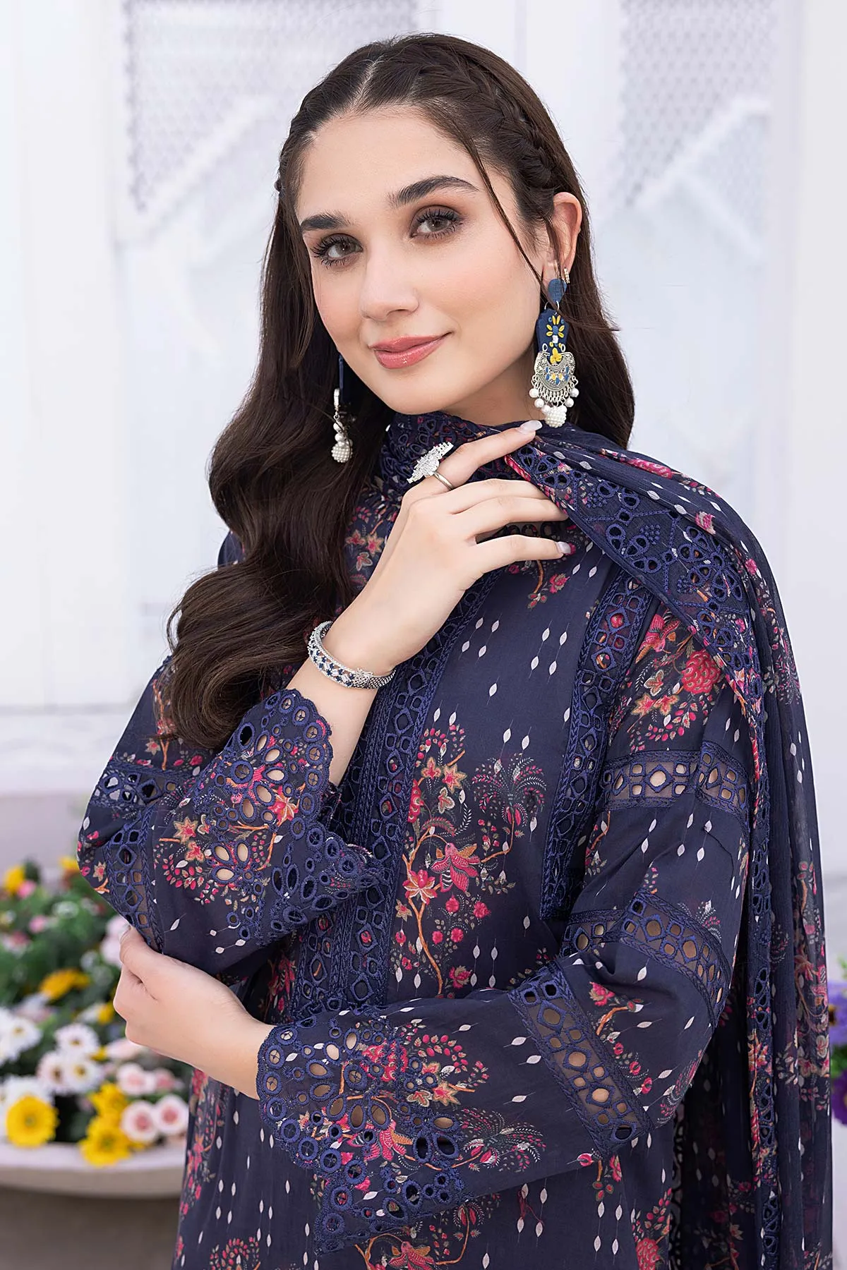 3-Pc Unstitched Printed Embroidered Lawn Suit With Embroidered Chiffon Dupatta CRB23-16