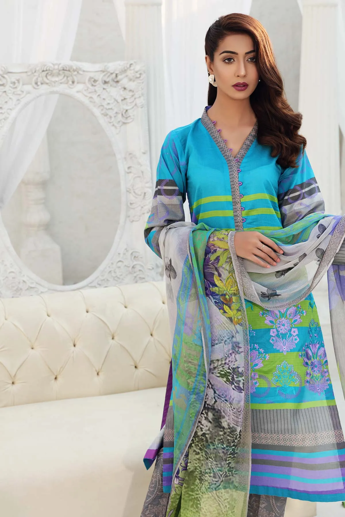 3-piece Unstitched Embroidered Lawn with Chiffon Dupatta CC-01