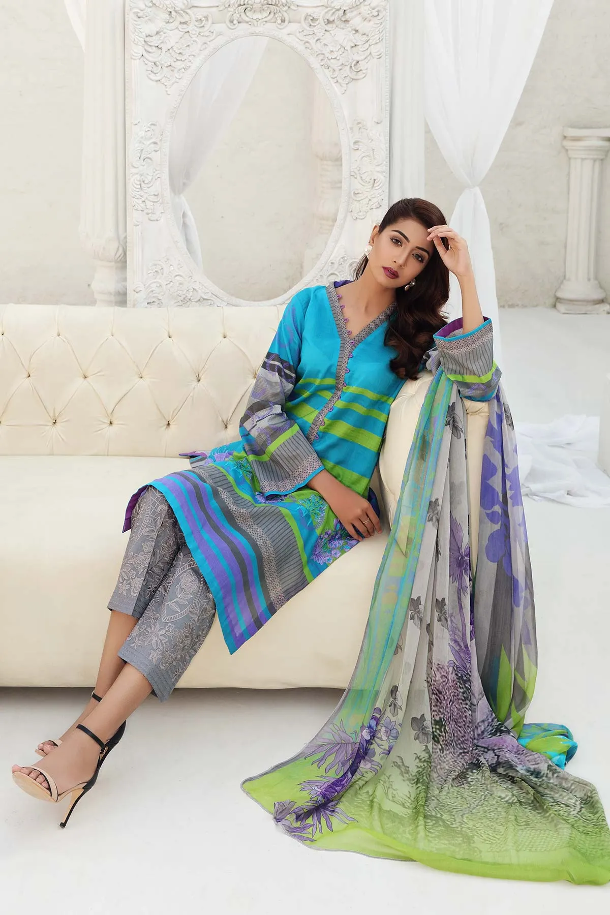 3-piece Unstitched Embroidered Lawn with Chiffon Dupatta CC-01