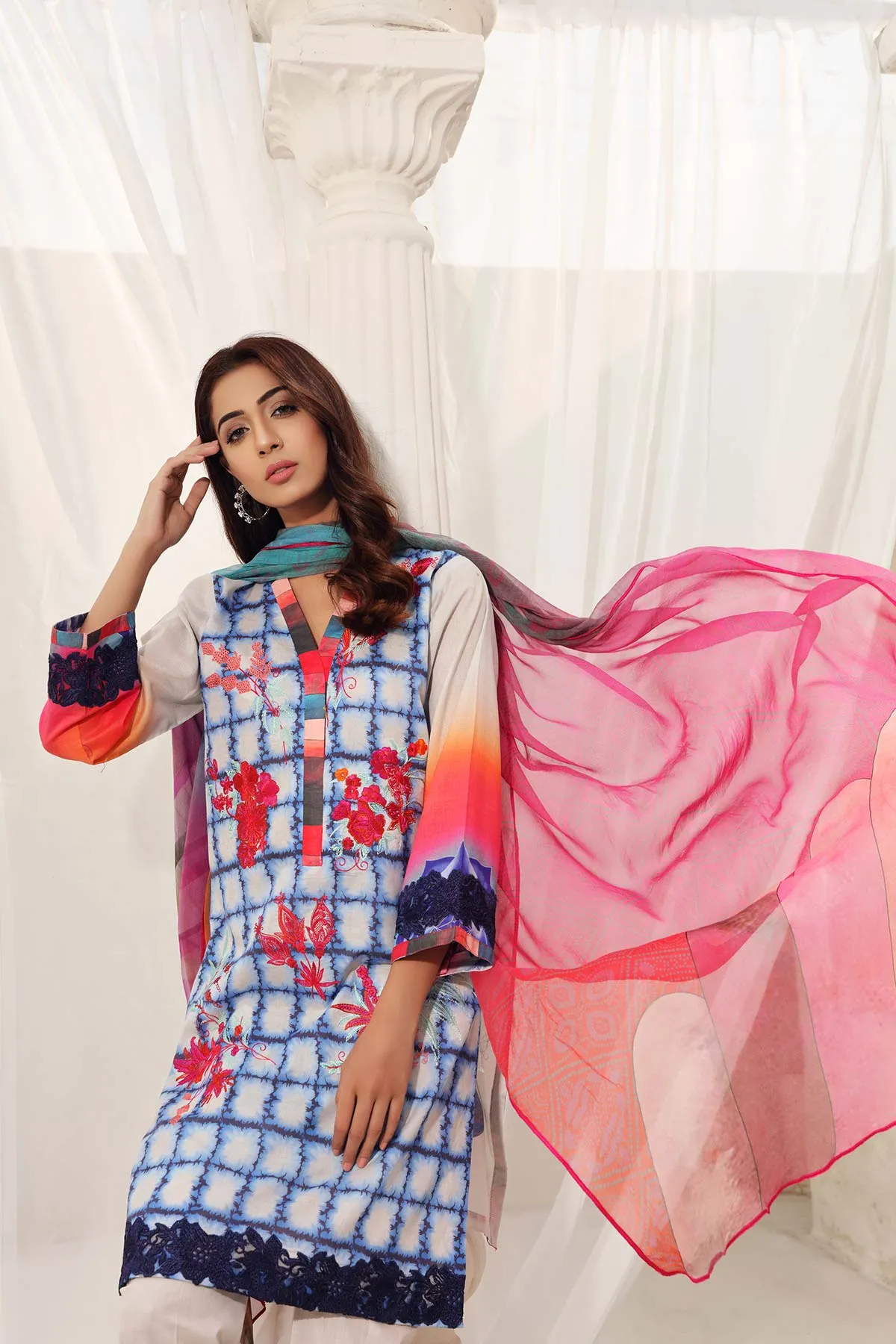 3-piece Unstitched Embroidered Lawn with Chiffon Dupatta CC-03