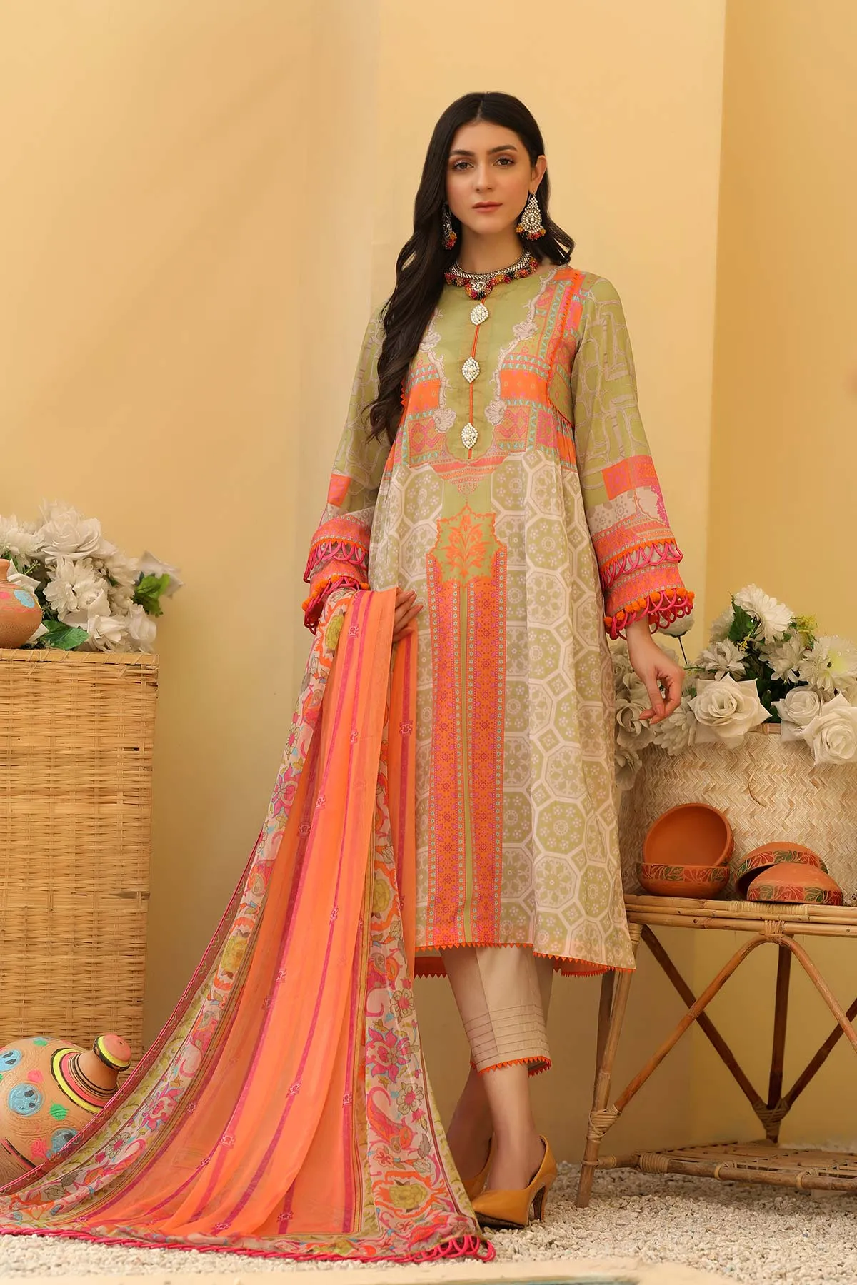 3-piece Unstitched Lawn with Print Chiffon Dupatta CP-32