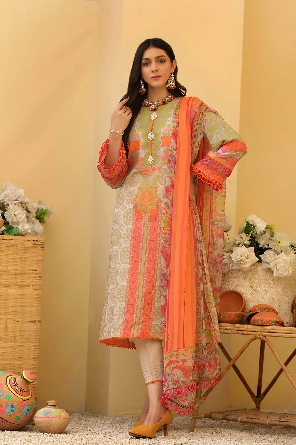 3-piece Unstitched Lawn with Print Chiffon Dupatta CP-32