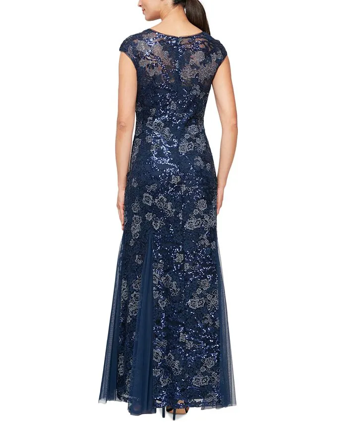 Alex Evenings Women's Sequin Embroidered Trumpet Gown Blue Size 10