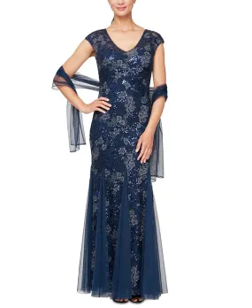 Alex Evenings Women's Sequin Embroidered Trumpet Gown Blue Size 10