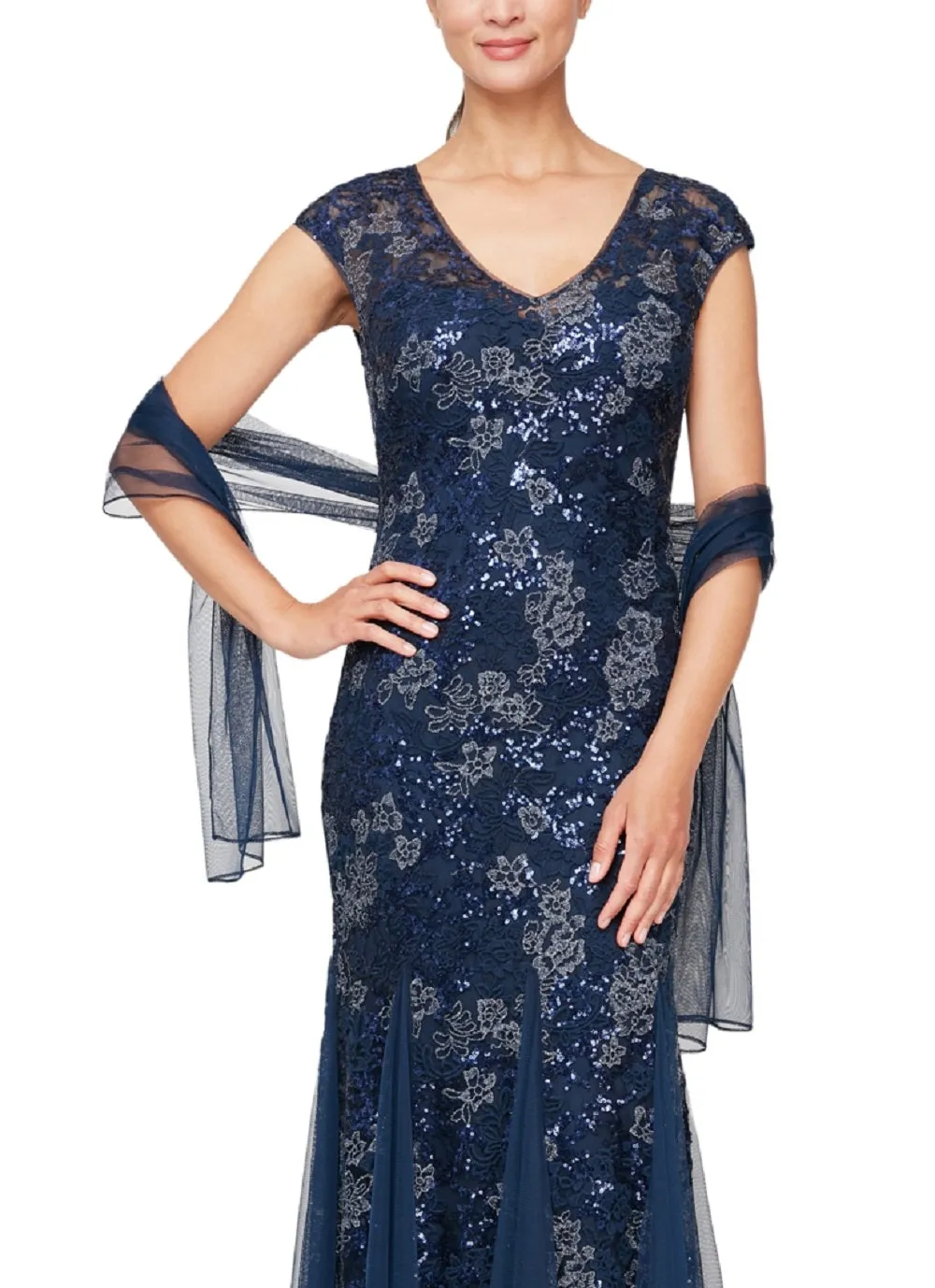 Alex Evenings Women's Sequin Embroidered Trumpet Gown Blue Size 10