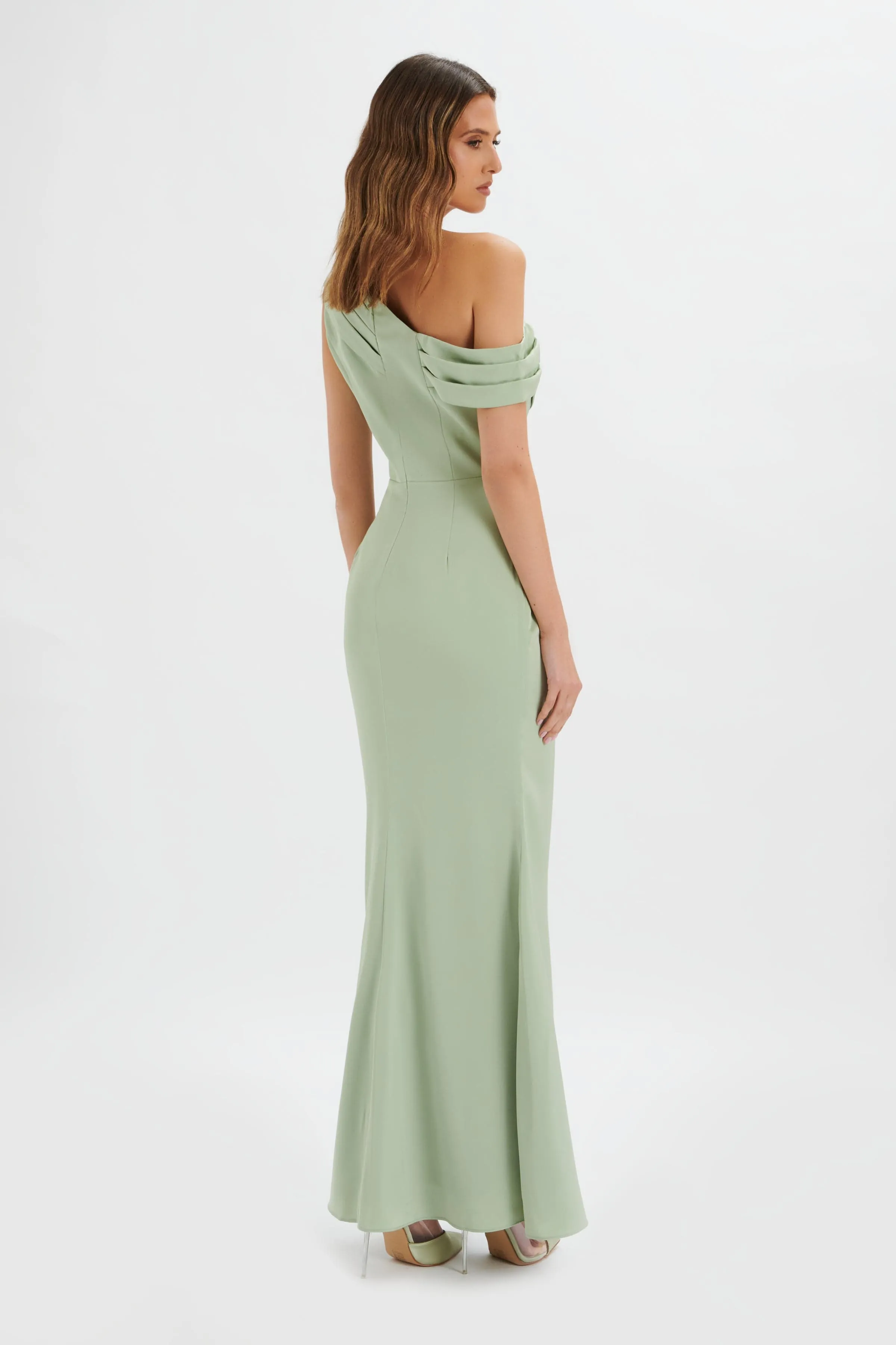 ANNABELLA Satin Asymmetric Drape Maxi Dress In Sage Green