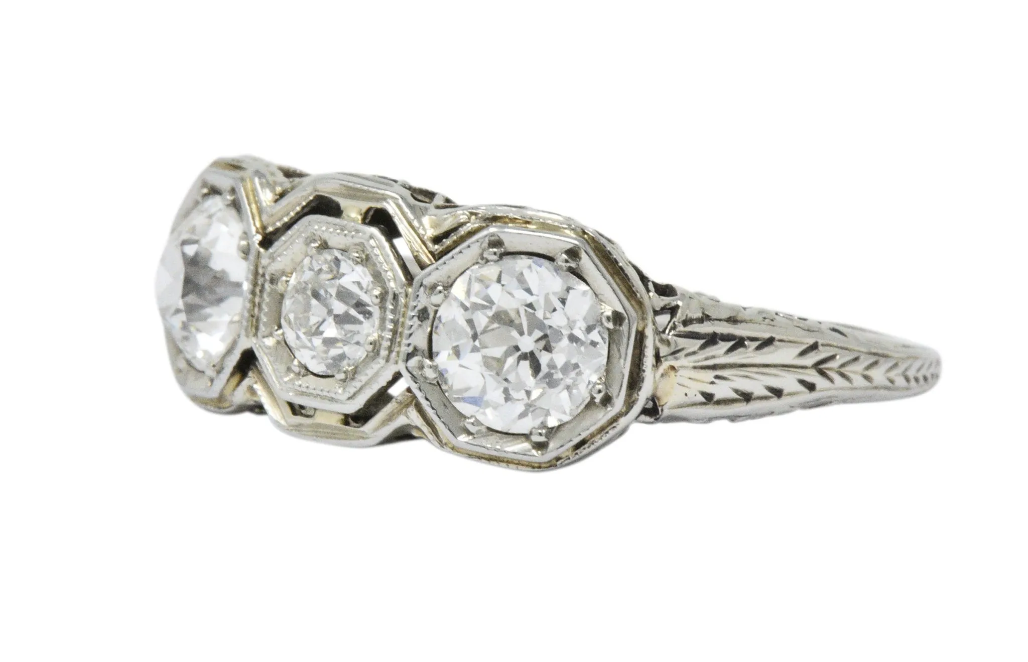 Art Deco 1.20 CTW Diamond 18 Karat White Gold 3 Stone Ring