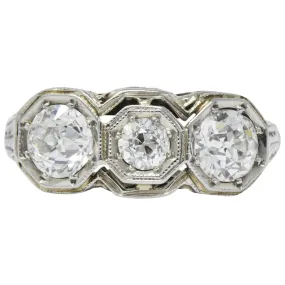 Art Deco 1.20 CTW Diamond 18 Karat White Gold 3 Stone Ring