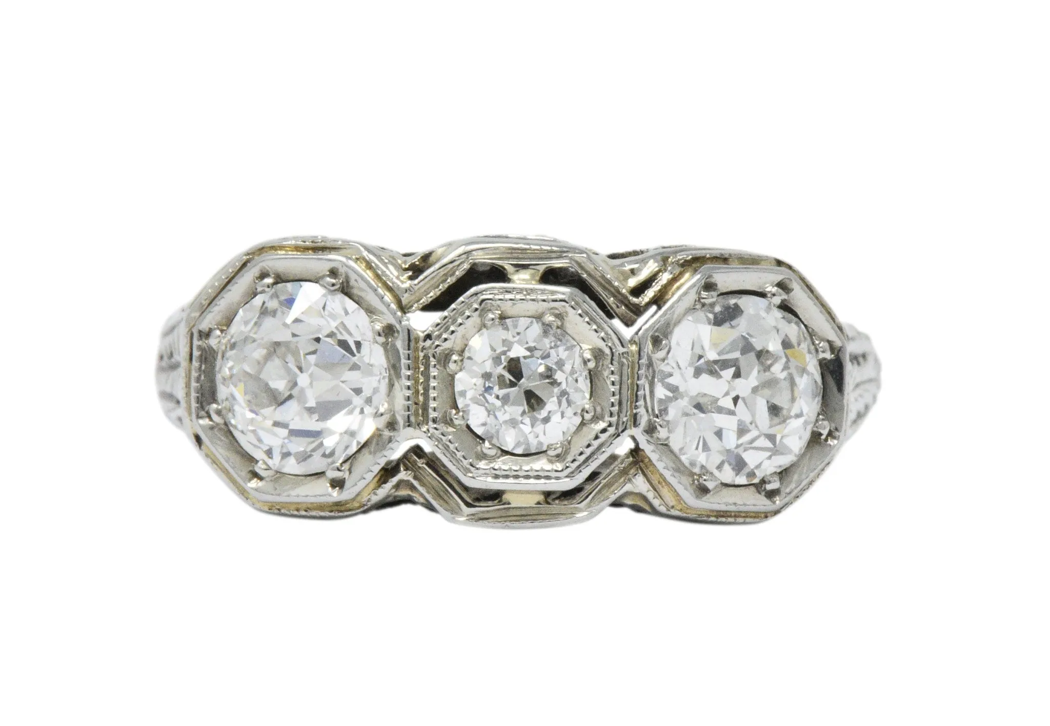 Art Deco 1.20 CTW Diamond 18 Karat White Gold 3 Stone Ring