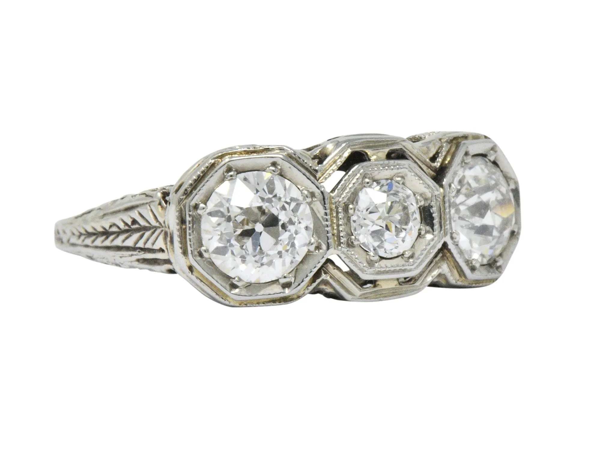 Art Deco 1.20 CTW Diamond 18 Karat White Gold 3 Stone Ring