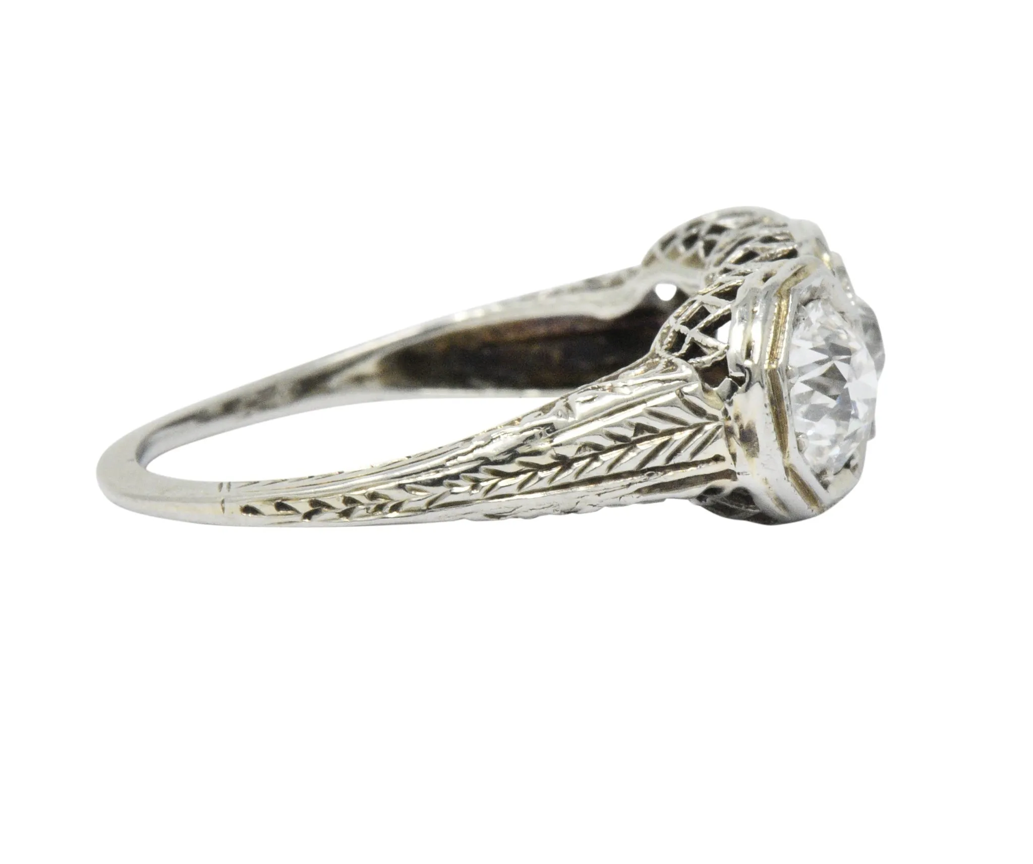 Art Deco 1.20 CTW Diamond 18 Karat White Gold 3 Stone Ring