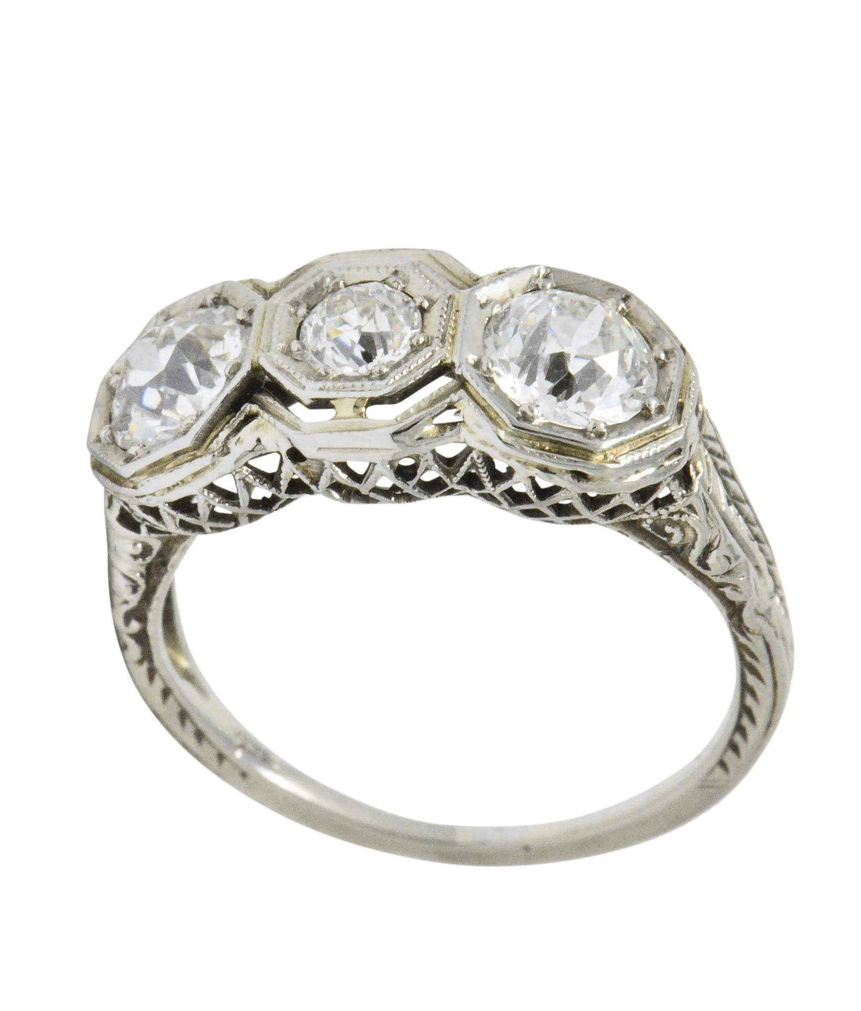 Art Deco 1.20 CTW Diamond 18 Karat White Gold 3 Stone Ring