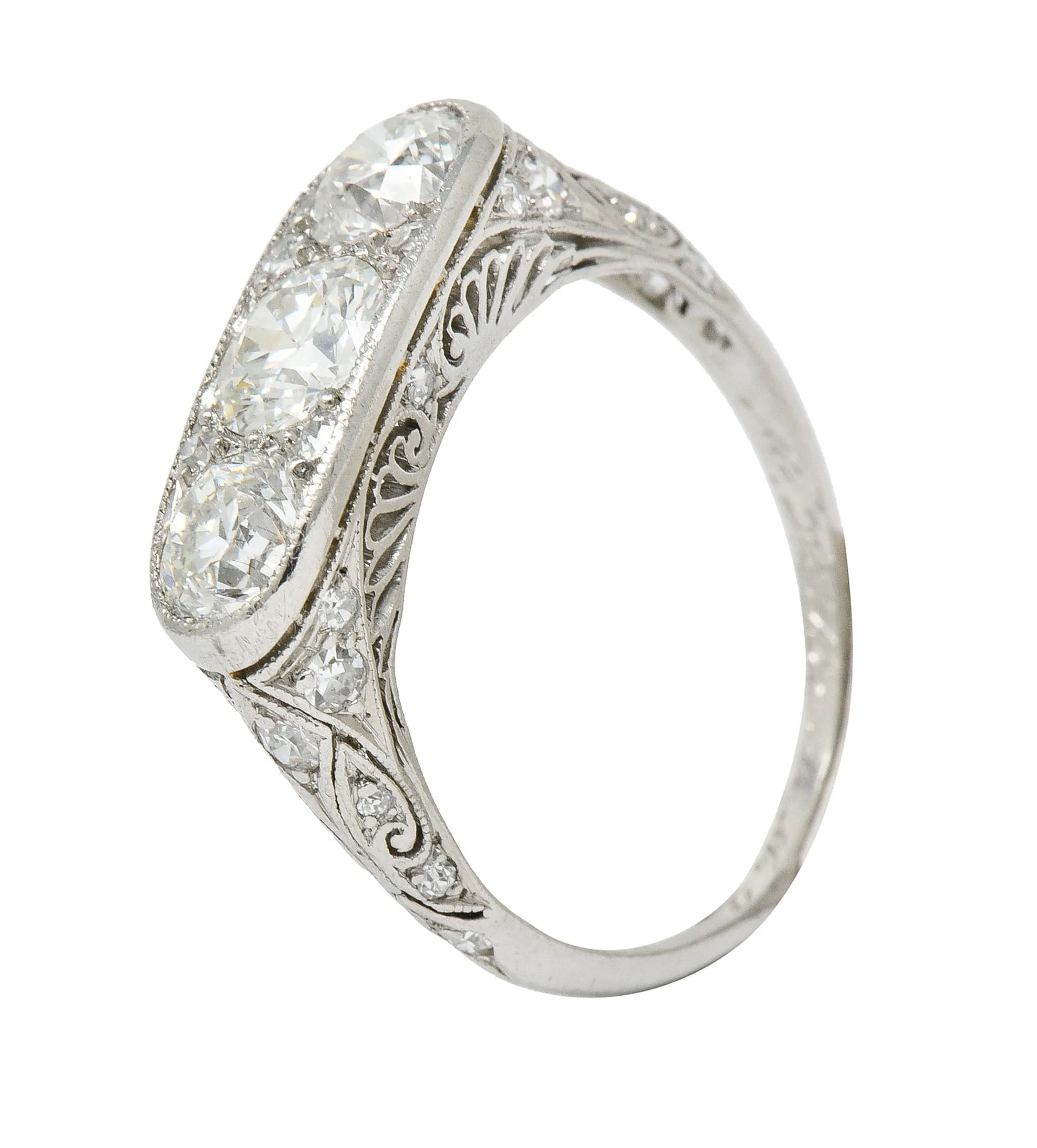 Art Deco 1.90 CTW Diamond Platinum Three Stone Dinner Ring