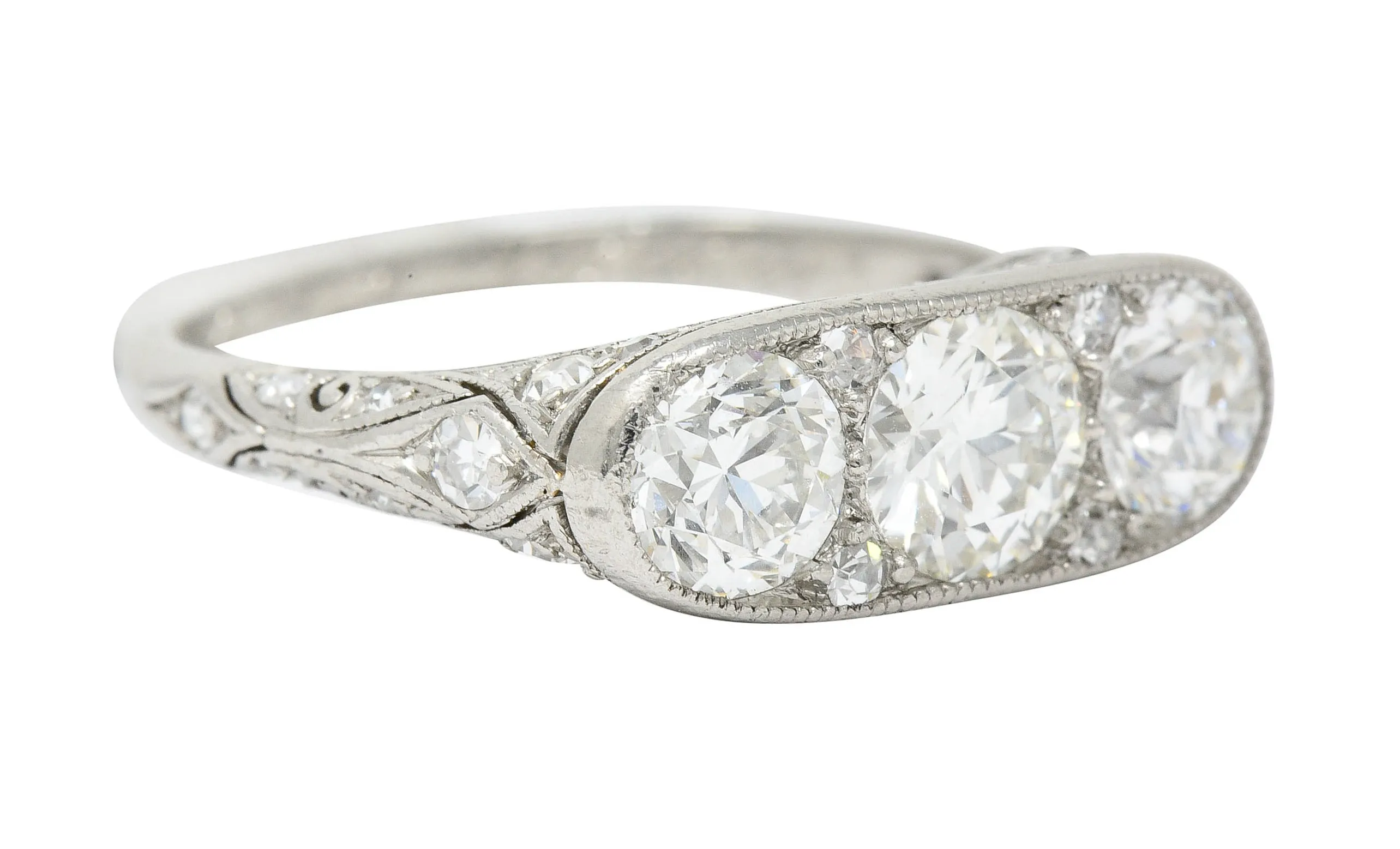 Art Deco 1.90 CTW Diamond Platinum Three Stone Dinner Ring