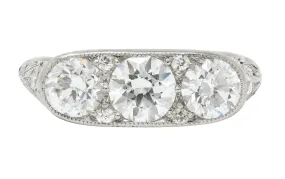 Art Deco 1.90 CTW Diamond Platinum Three Stone Dinner Ring