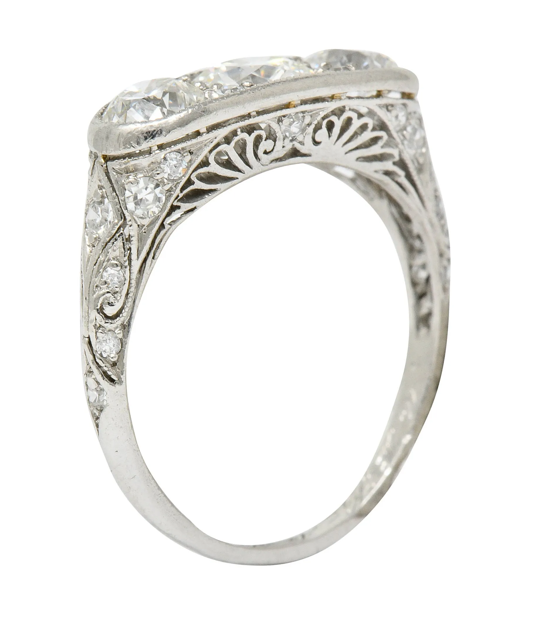 Art Deco 1.90 CTW Diamond Platinum Three Stone Dinner Ring