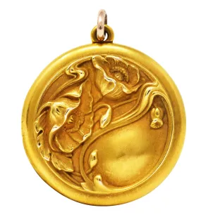 Art Nouveau 18 Karat Gold Floral Portrait Locket Pendant