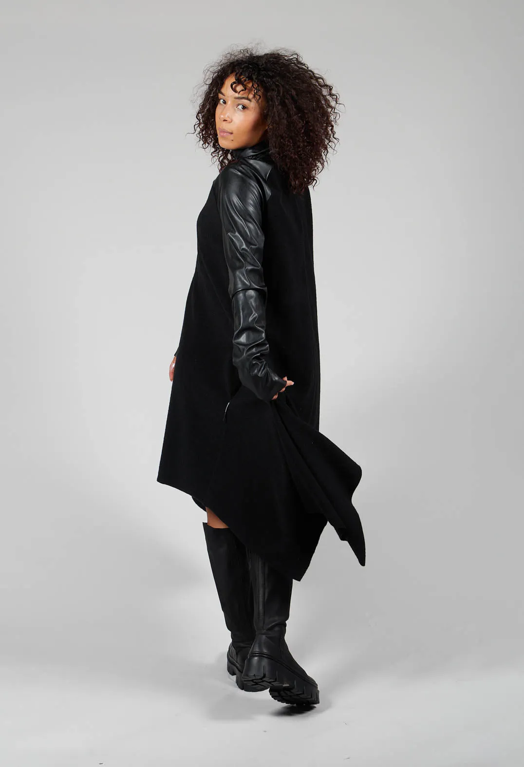 Asymmetric Dress with Contrasting Sleeves in Black