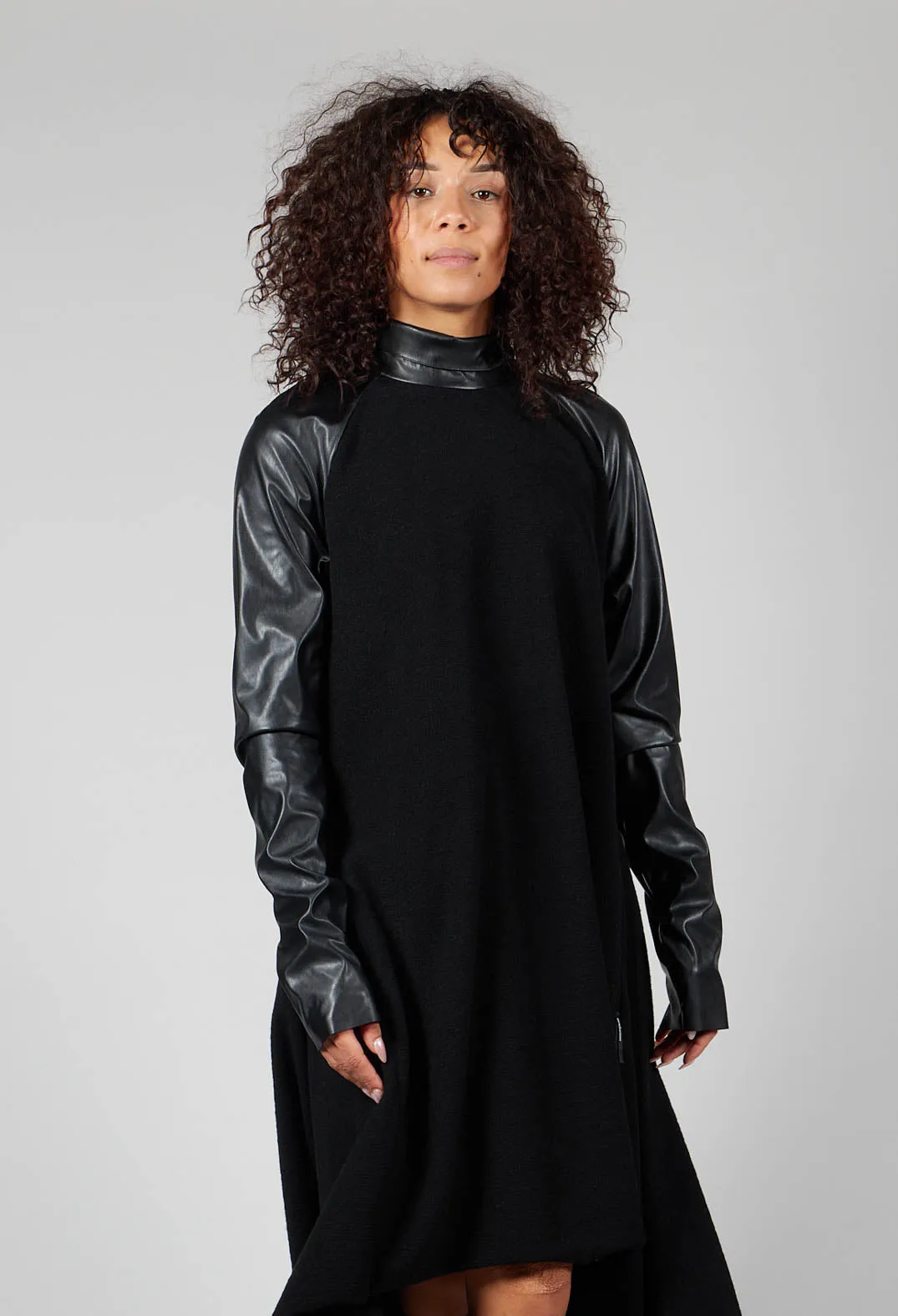 Asymmetric Dress with Contrasting Sleeves in Black