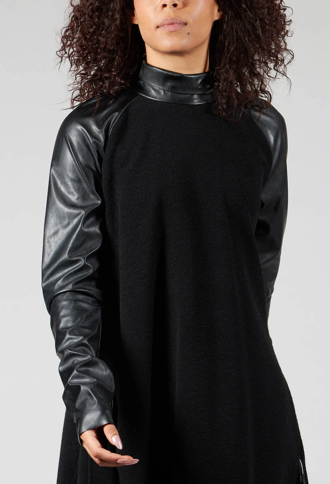 Asymmetric Dress with Contrasting Sleeves in Black