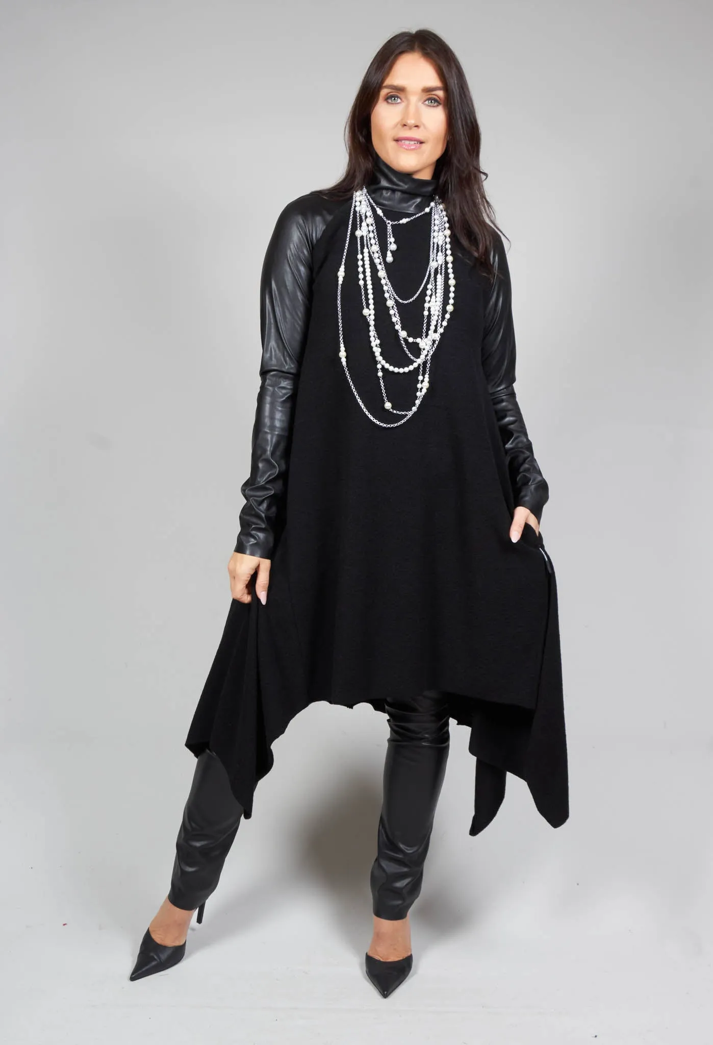 Asymmetric Dress with Contrasting Sleeves in Black