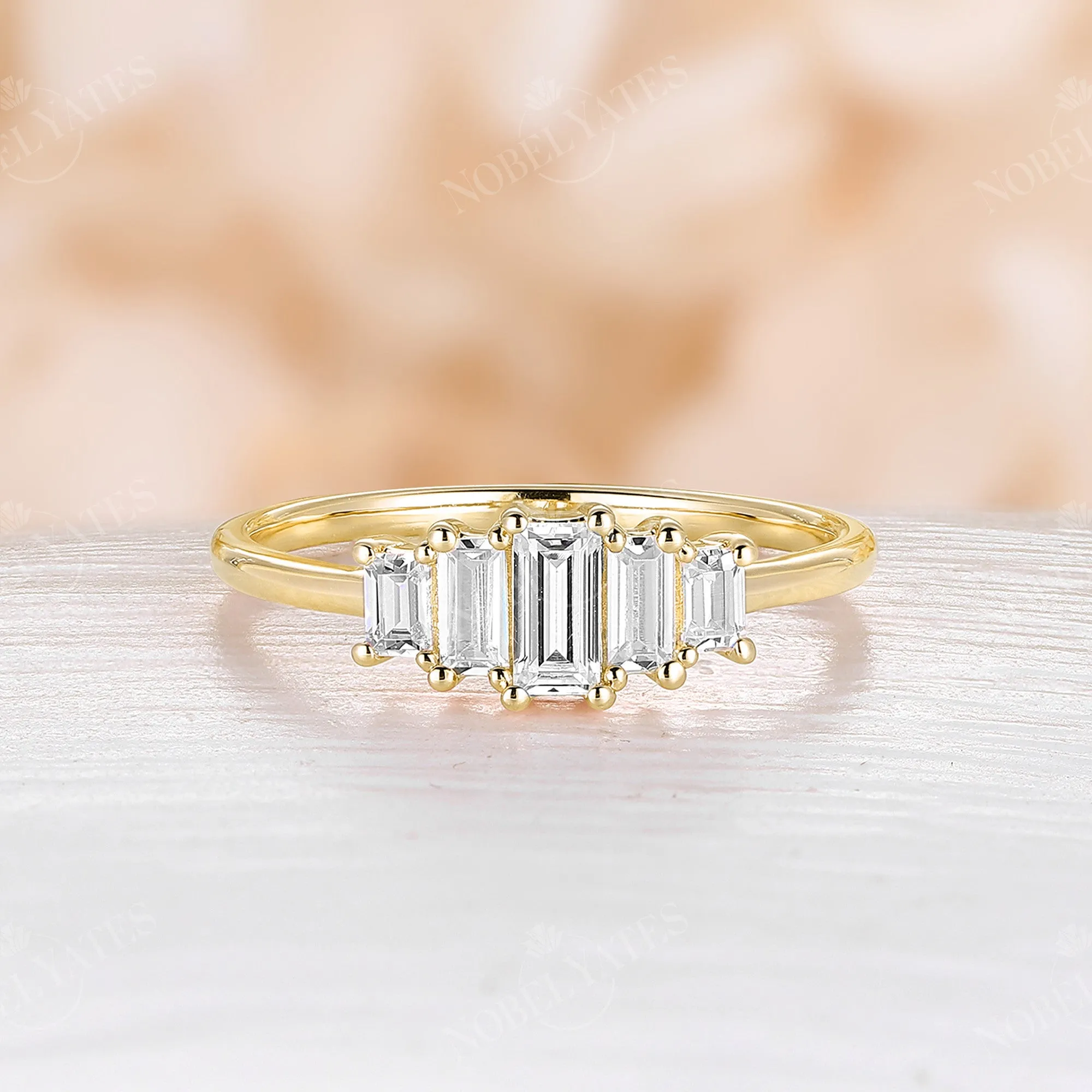 Baguette Art Deco Moissanite Five Stone Wedding Band Rose Gold