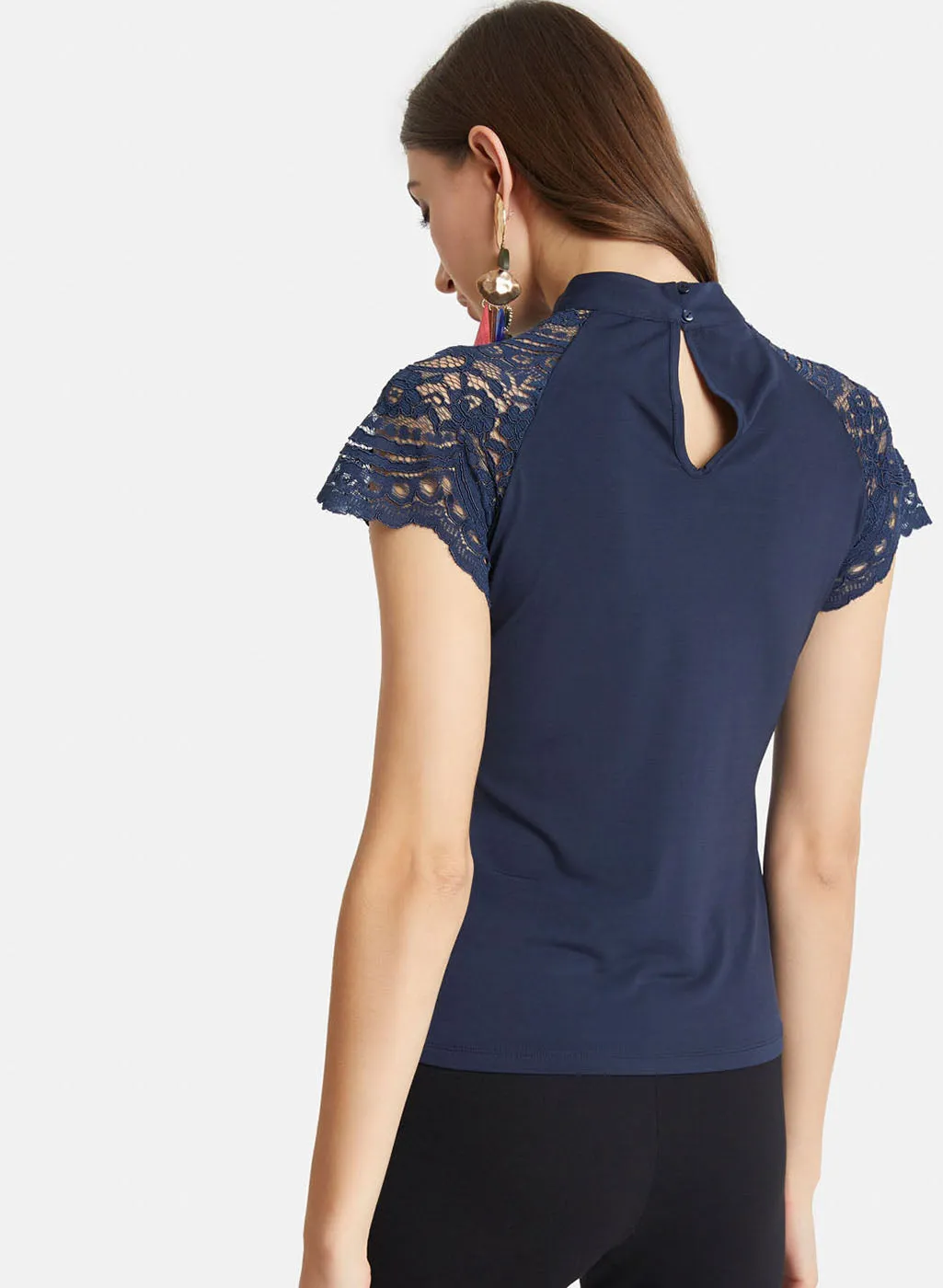 Band Neck Tshirt With Lace Sleeves