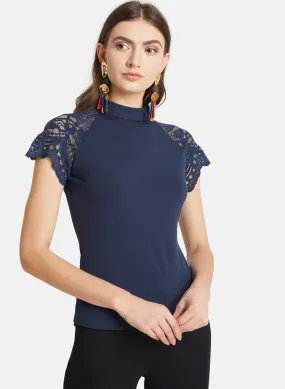 Band Neck Tshirt With Lace Sleeves