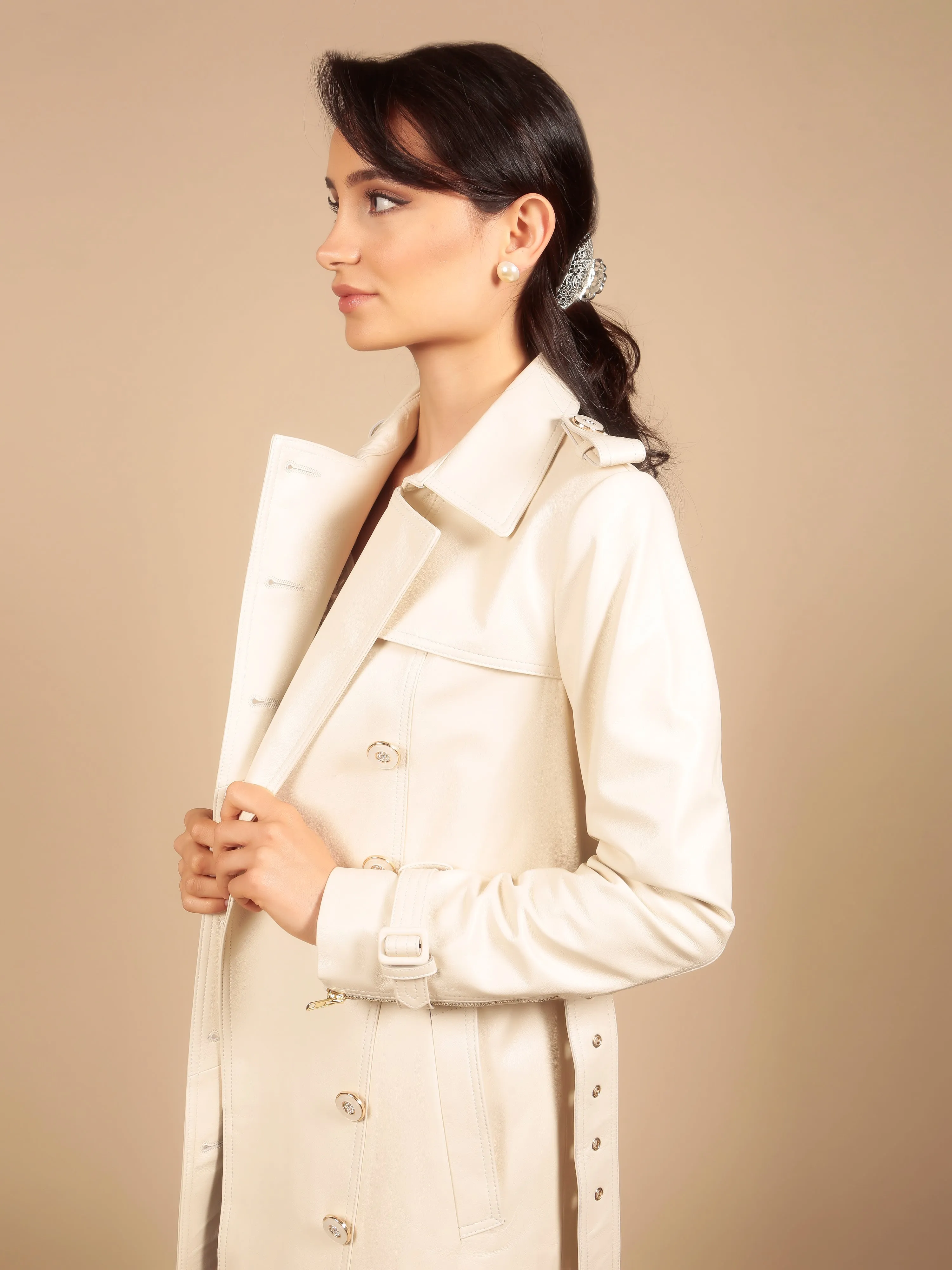 'Belle Du Jour' Leather Trench Coat in Crema